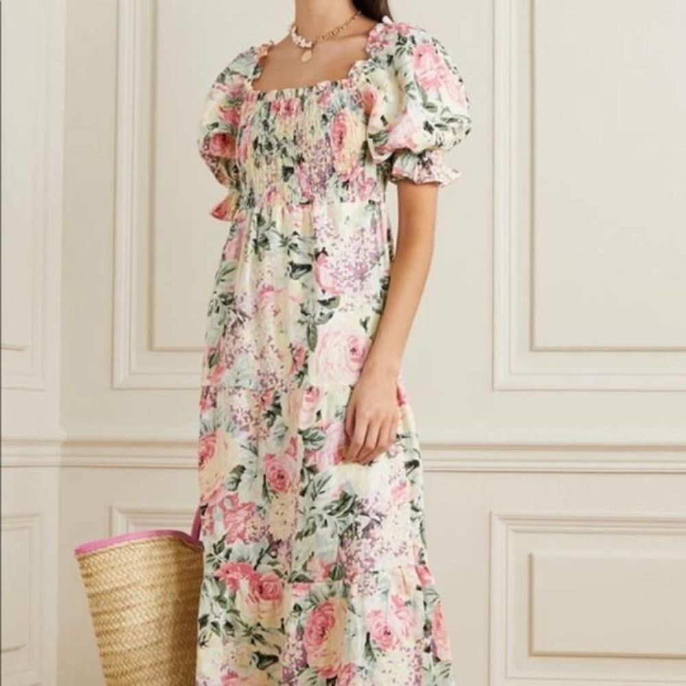 Faithfull the Brand Floral Midi Dress - Pink and Green, 100% Linen